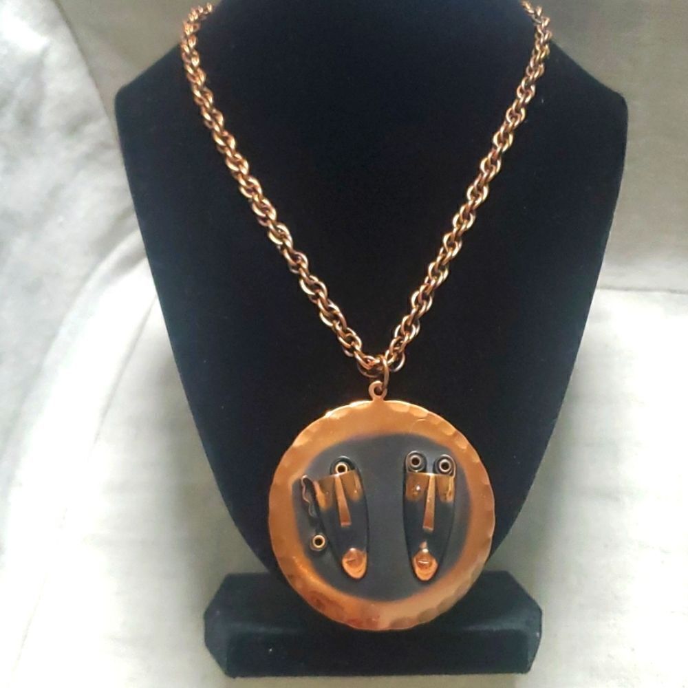 Vintage MCM Copper Rebejas Comedy Tragedy Copper Pendant Necklace